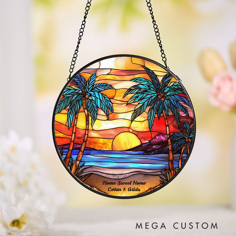 Personalized Sunset Beach Stained Glass Suncatcher Beach Glass Window Hangings Beach House Decor Holiday Gifts Housewarming Gift for Mom Grandma