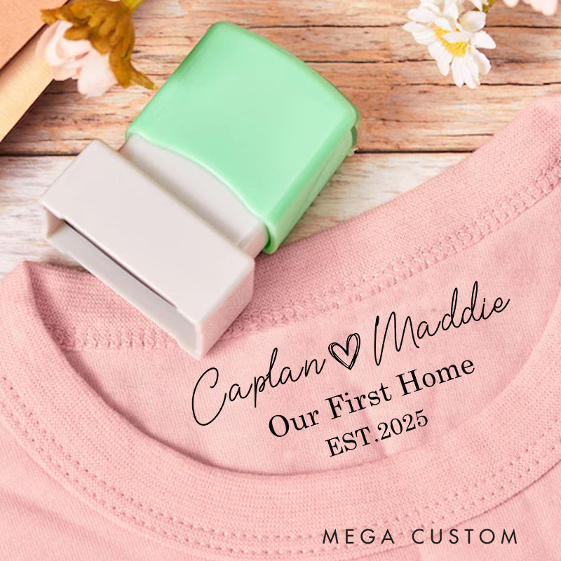 Personalized Housewarming Stamp Our First Home Design Custom Names Heart Motif and Established Year Decorative Stamp for New Homeowners Crafting