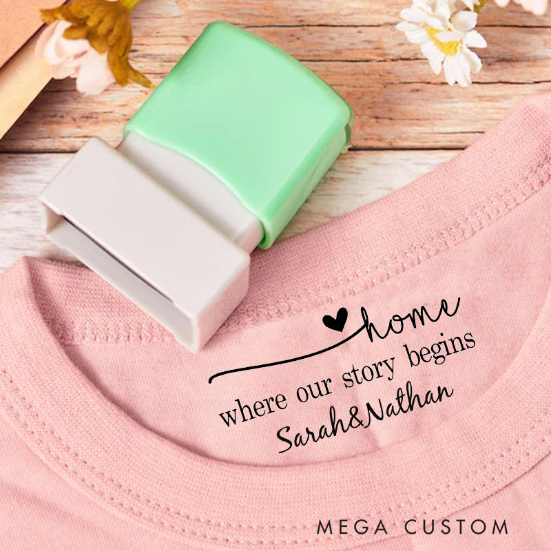 Personalized Housewarming Stamp Home Where Our Story Begins Custom Names and Heart Motif Decorative Stamp for New Homeowners Crafting and Keepsakes