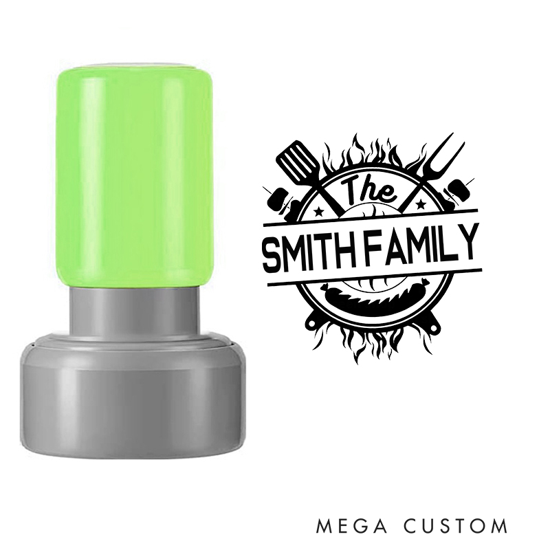 Personalized Round Barbecue Stamp Custom Family Name Grill Design Decorative Stamp with BBQ Tools and Flame Theme for Housewarming Gifts and Keepsakes