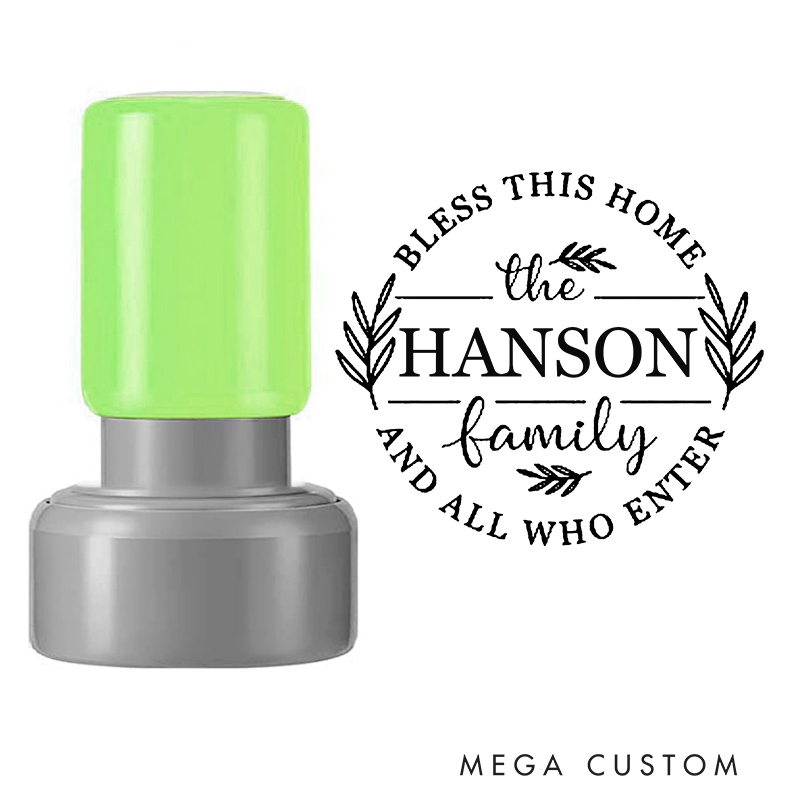 Personalized Round Housewarming Stamp Bless This Home and All Who Enter Design Custom Family Name Leaf Motif Decorative Stamp for New Homeowners