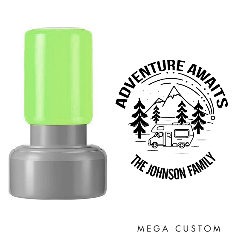 Personalized Stamp Adventure Awaits Design Custom Family Name Camper and Mountain Theme Decorative Stamp for New Homeowners and Gifts