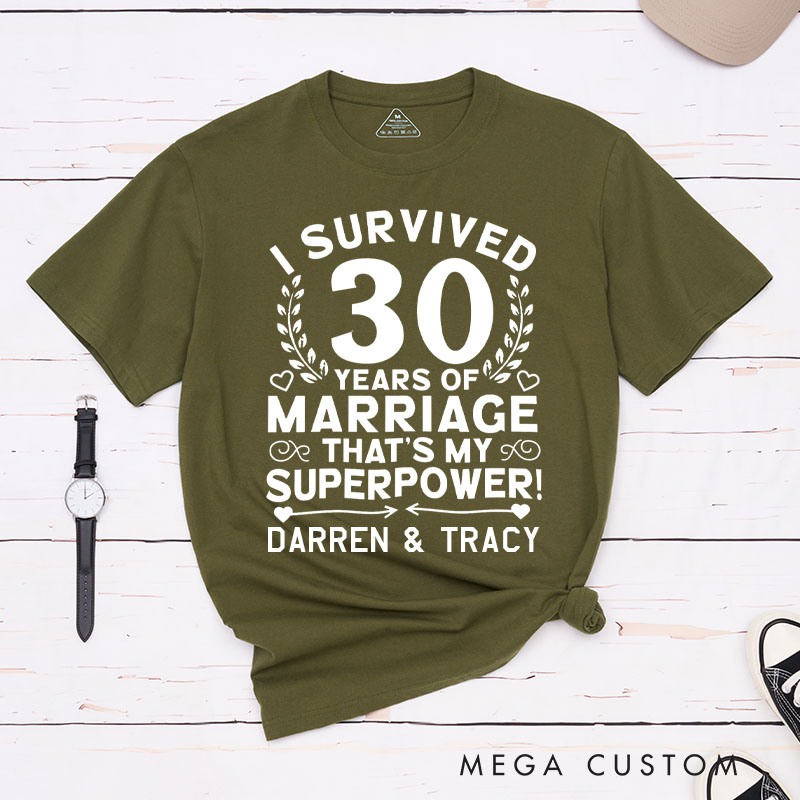 Personalized Couple 30th Anniversary T-Shirt I Survived 30 Years of Marriage That's My Superpower Shirt for Couples Wife Husband Gift Tees