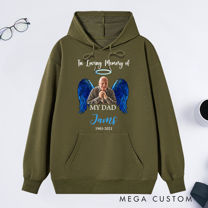 Personalized in Loving Memory Hoodie Custom Photo Name Date Sympathy Gift for Loss of Father Angel Wings Sweatshirt 