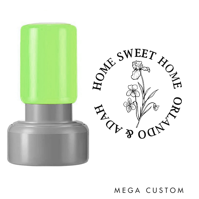 Personalized Round Housewarming Stamp Home Sweet Home Design February Birth Flower Violet Custom Names Decorative Stamp for New Homeowners and Gifts