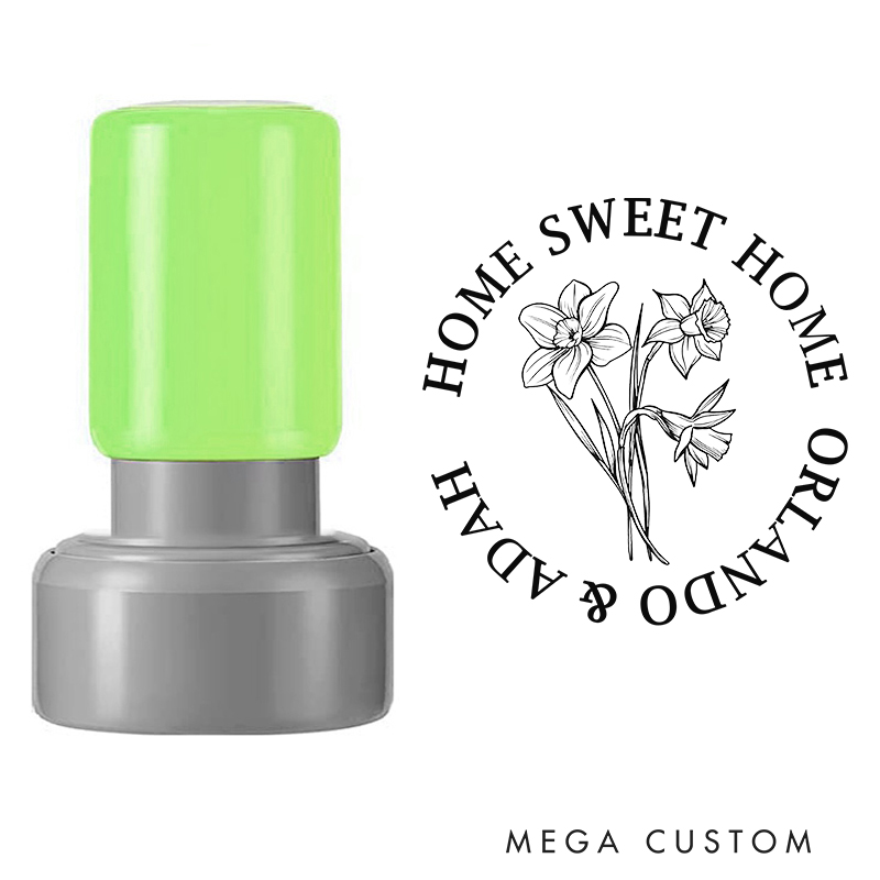 Personalized Round Housewarming Stamp Home Sweet Home Design March Birth Flower Daffodil Custom Names Decorative Stamp for New Homeowners and Gifts