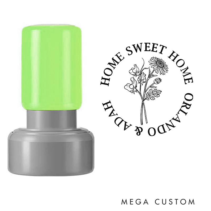 Personalized Stamp Home Sweet Home Design April Birth Flower Daisy and Sweet Pea Custom Names Decorative Stamp for New Homeowners and Gifts