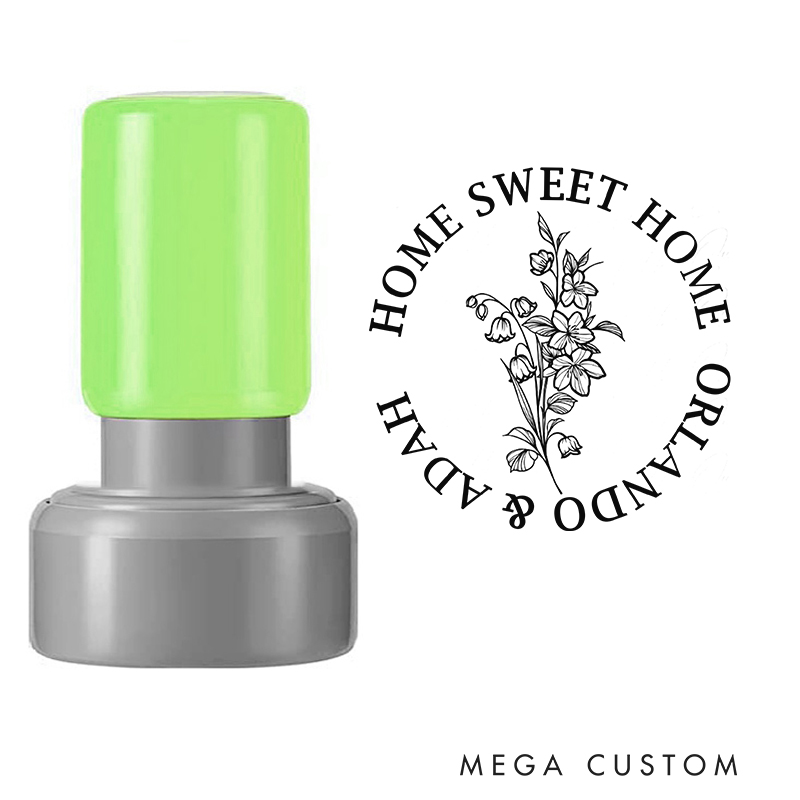 Personalized Housewarming Stamp Home Sweet Home Design May Birth Flower Lily of the Valley Custom Names Decorative Stamp for New Homeowners and Gifts