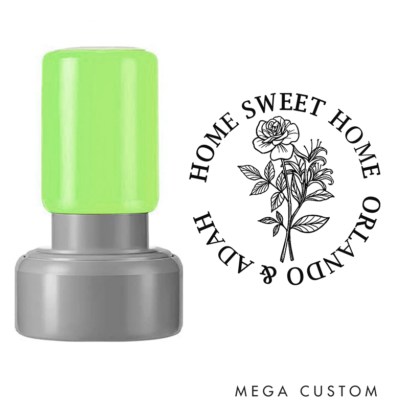 Personalized Housewarming Stamp Home Sweet Home Design June Birth Flower Rose and Honeysuckle Custom Names Decorative Stamp for New Homeowners