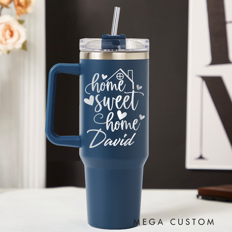 Personalized 40oz Monogram Tumbler with Name Custom Engraved Stainless Steel Cup with Handle and Straw Gift for Her Housewarming Gift Cup