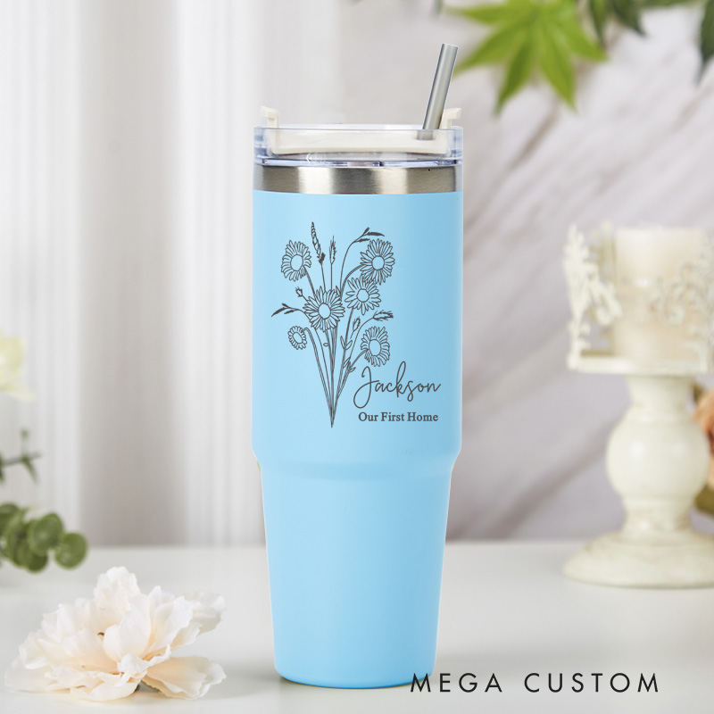 Personalized Insulated Stainless Steel Tumbler Our First Home Cup with Floral Design Custom Housewarming Cup Our First Home  Gift