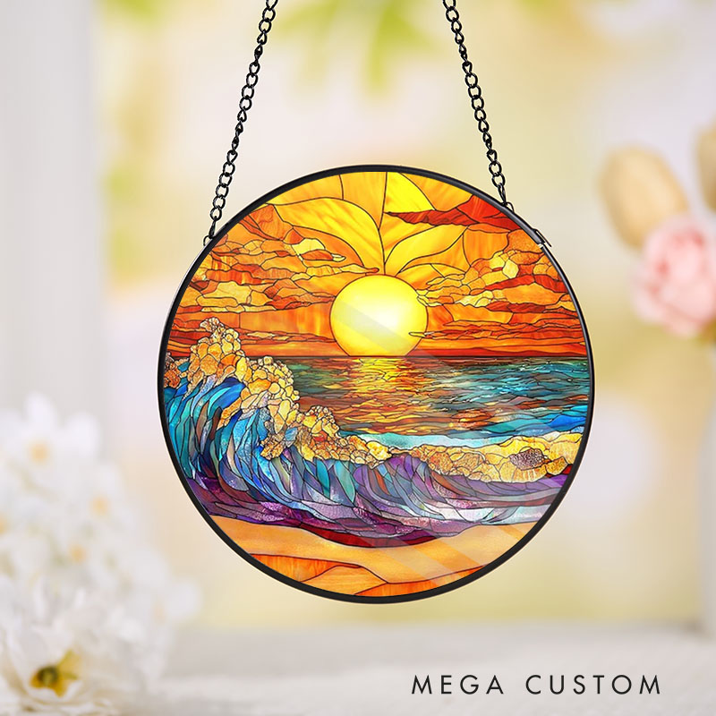 Personalized Housewarming Suncatcher Home Sweet Home Design Tropical Sunset and Beach Theme with Custom Names Stained Glass Style Decorative Gift