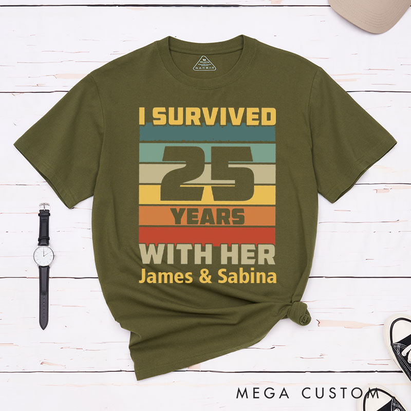 Personalized Couple 25th Anniversary T-Shirt I Survived 25 Years Funny Anniversary Shirt for Couples Wife Husband Gift Tees