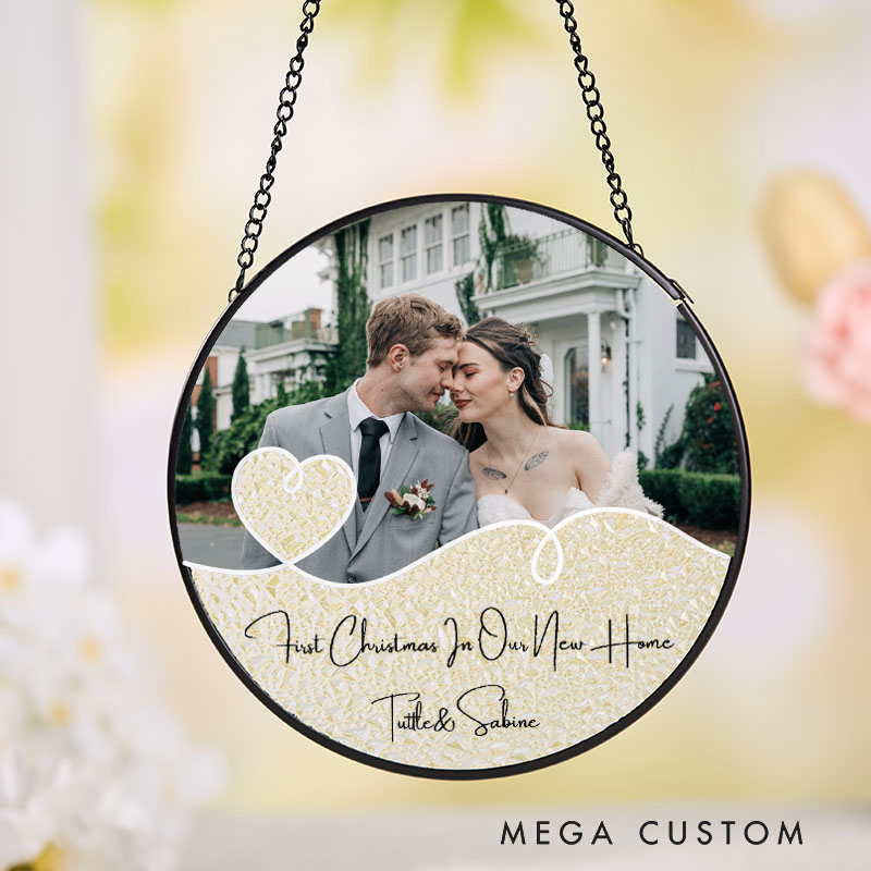 Personalized First Christmas in New Home Suncatcher Custom Couple Photo and Heart Design Hanging Decoration Perfect for New Homeowners Keepsake Ornament Gift