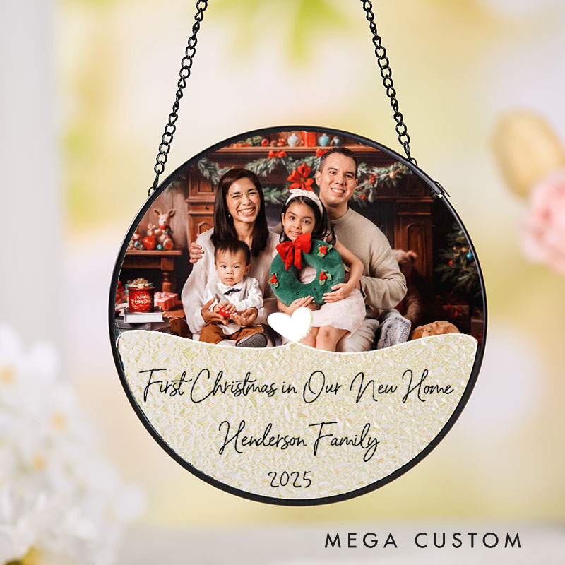 Personalized First Christmas in Our New Home Suncatcher Custom Family Photo and Heart Design Hanging Decoration Perfect for New Homeowners Holiday Keepsake Ornament