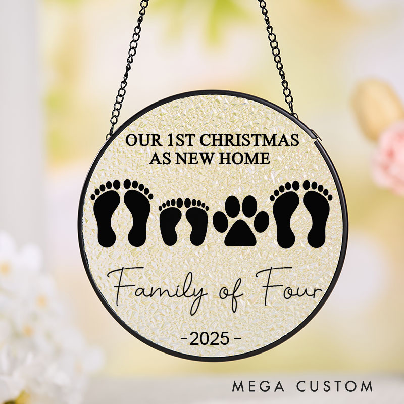 Personalized Our First Christmas as New Home Suncatcher Family Footprints and Paw Design Hanging Decoration Perfect for New Homeowners Keepsake Ornament Gift