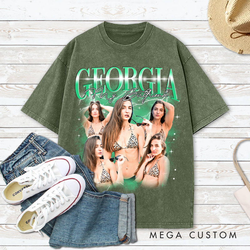 Personalized Girlfriend Bootleg Style Washed T-Shirt Custom Text Boyfriend Photo Tee Couple Face Rap Style Shirt Valentine's Day Gift for Wife Husband