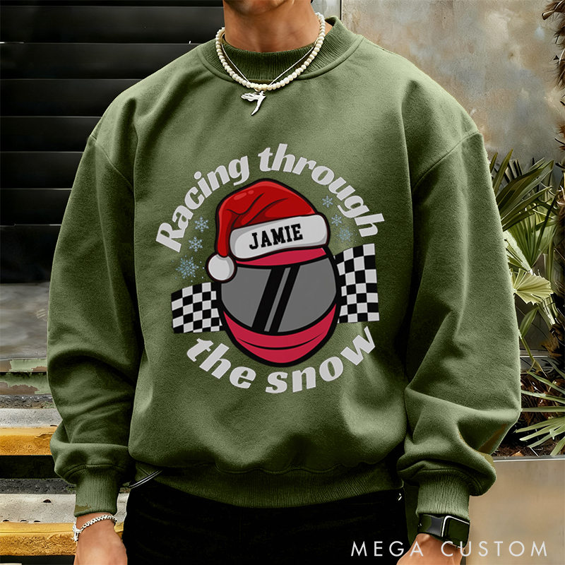 Personalized Christmas Sweatshirt Racing Through the Snow Design Sweatshirt Gift for Racers and Racing Lovers 