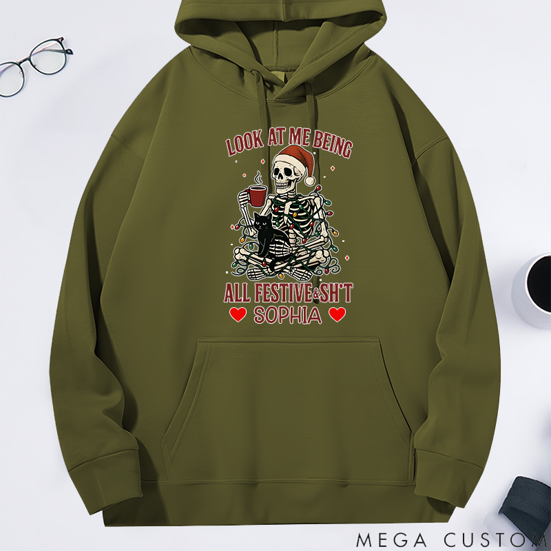 Personalized Classic Hoodie Christmas Skeleton Coffee Black Cat Theme