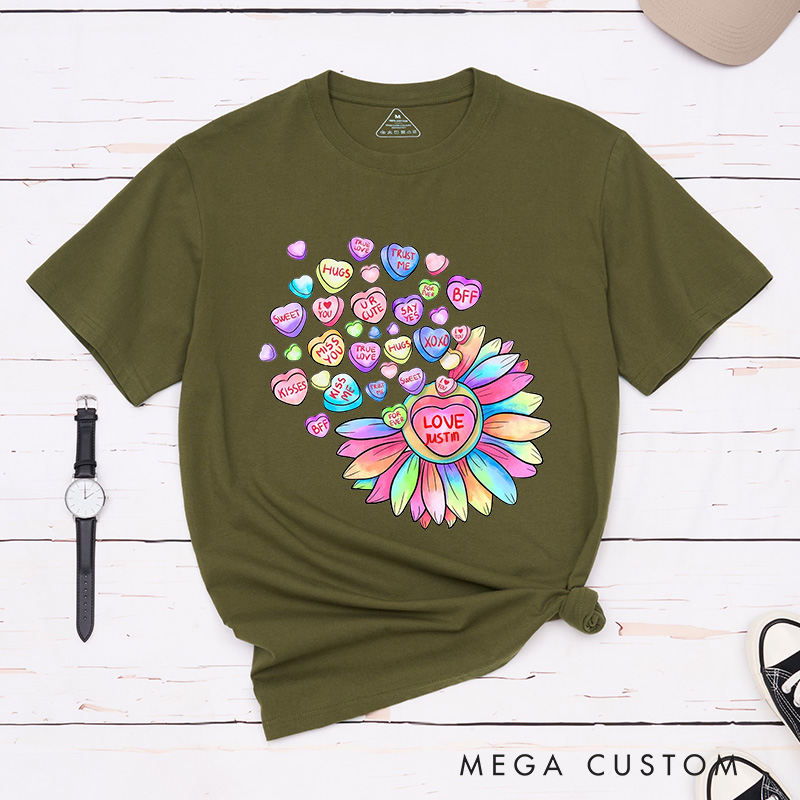 Personalized Couple Colorful Flower and Candy Matching T-Shirt Valentine's Day T-Shirt for Husband Wife Boyfriend Girlfriend Gift for Hubby Wifey