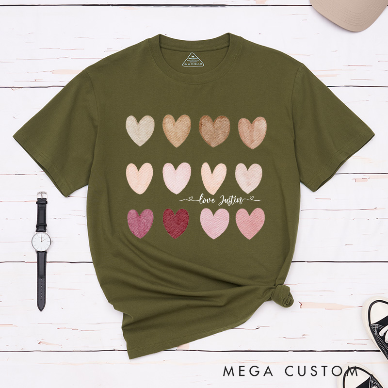 Personalized Couple Watercolor Heart Matching T-Shirt with Name Valentine's Day T-Shirt for Husband Wife Boyfriend Girlfriend Gift for Hubby Wifey