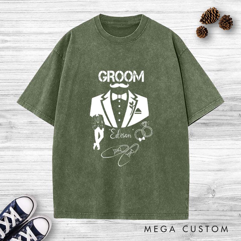 Personalized Stylish Groom Washed T-Shirt Celebrating Groom’s Big Day Shirts Groomsman Bachelor Party Favors Shirt Wedding T-Shirt for Men