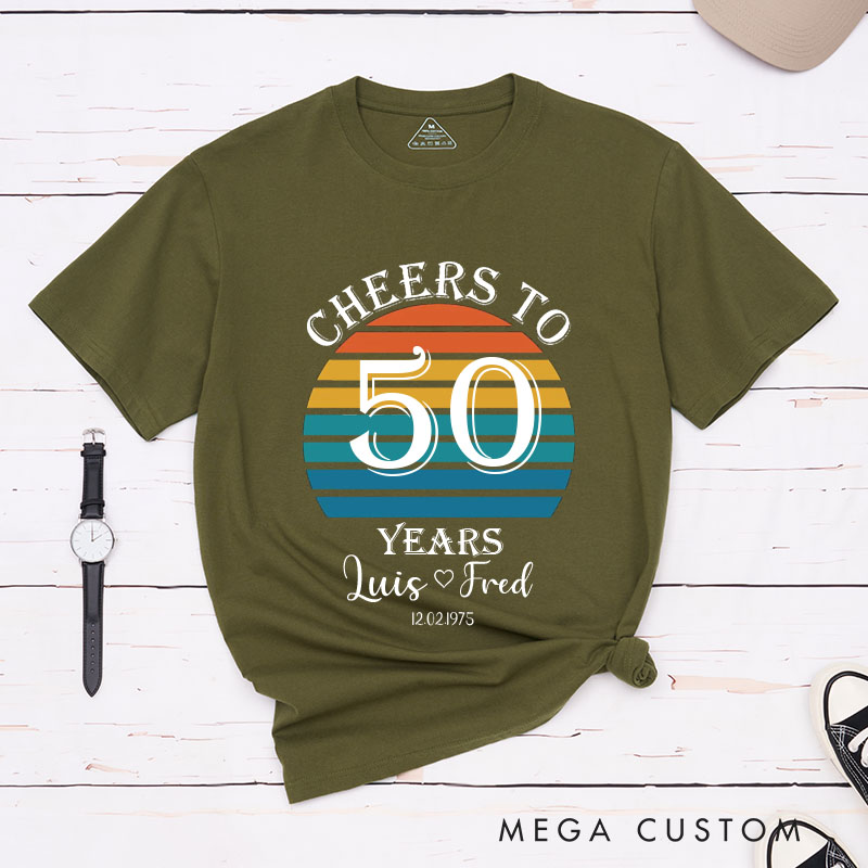 Personalized Couple 50th Anniversary T-Shirt Retro Sunset Anniversary Shirts Cheers to 50 Years T-Shirts for Husband Wife