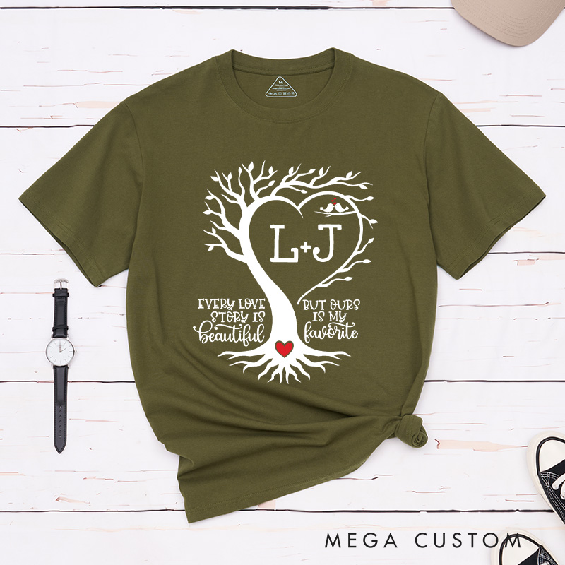 Personalized Couple Heart-Shaped Tree Matching T-Shirt with Initials Valentine's Day Classic T-Shirt for Husband Wife Boyfriend Girlfriend Gift