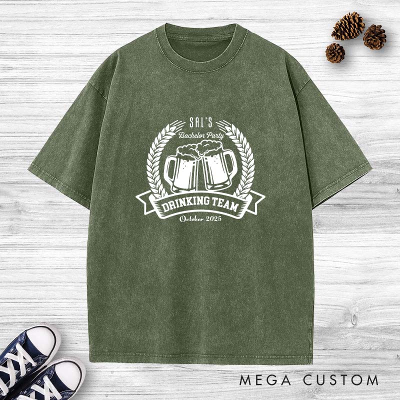Personalized Groom Drinking Team Bachelor Party Washed T-Shirt Groomsmen Beer Lover T-Shirt Retro Washed T-Shirts for Best Man