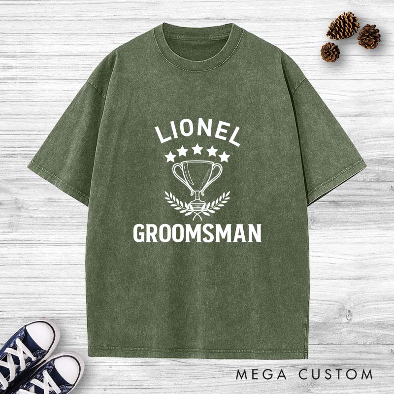 Personalized Groomsman Trophy Bachelor Party Washed T-Shirt Groomsmen Wedding Party T-Shirt Retro Washed T-Shirts for Best Man