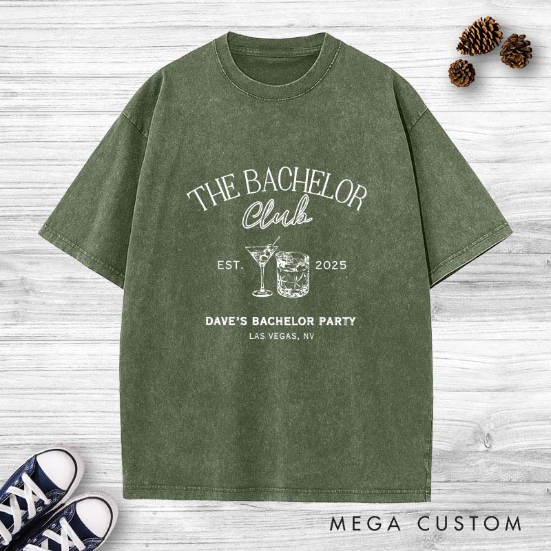 Personalized Groom Bachelor Club Washed T-Shirt Vintage Groomsmen Wedding Favors T-Shirt for Groom Club Minimalist Washed T-Shirts for Best Man