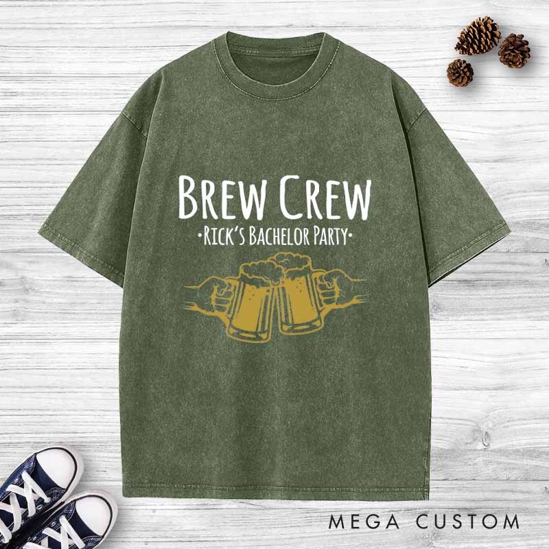 Personalized Brew Crew Bachelor Washed T-Shirt Groom Groomsmen Bachelor Party Favors Shirts Retro y2k Washed T-Shirt for Best Man