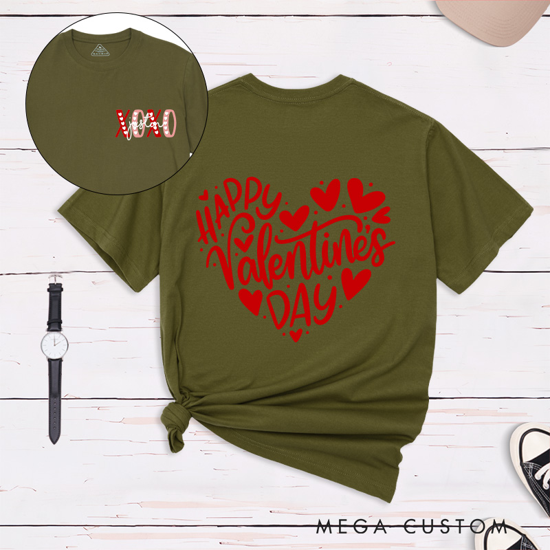 Personalized Couple Happy Valentine's Day Matching T-Shirt XOXO with Name T-Shirt for Husband Wife Boyfriend Girlfriend Gift for Hubby Wifey