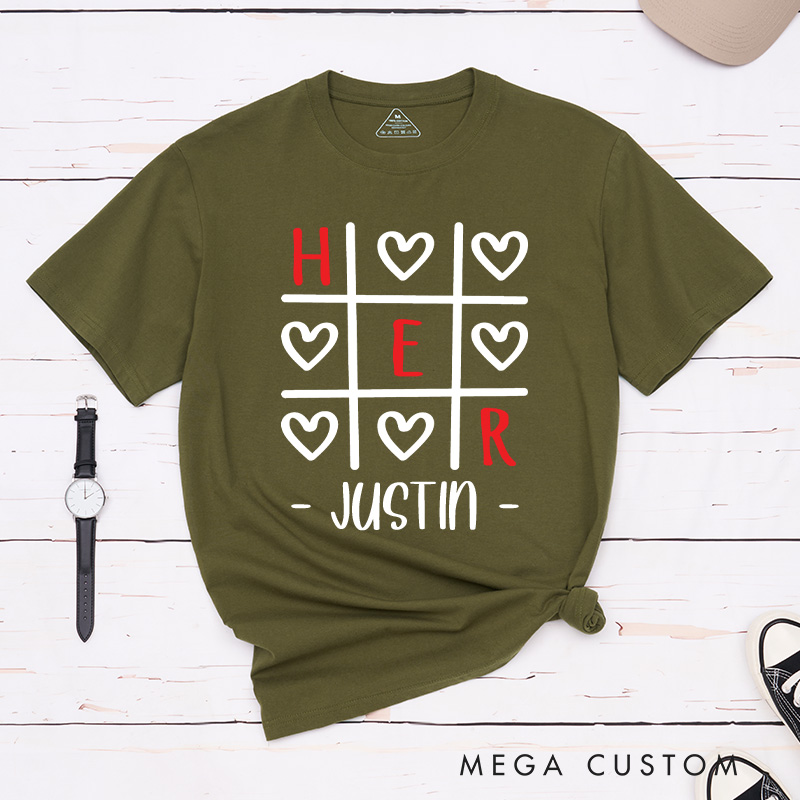 Personalized Couple Tic-Tac-Toe Her and Him Matching T-Shirt Valentine's Day T-Shirt for Husband Wife Boyfriend Girlfriend Gift