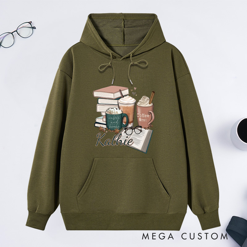 Personalized Coffee and Books Classic Hoodies Custom Book Lover Hoodies with Name Librarian Gift Book Lover Gift for Reader Gift