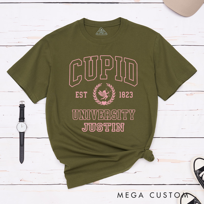 Personalized Couple Cupid University Matching T-Shirt Valentine's Day Hubby and Wifey T-Shirt for Husband Wife Boyfriend Girlfriend Gift