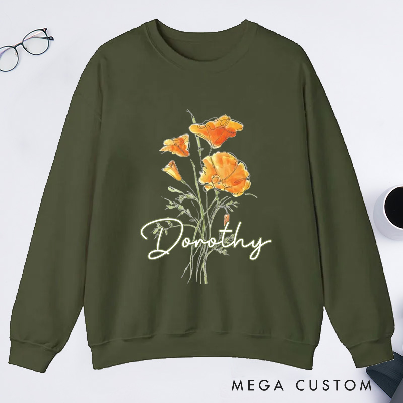 Personalized Golden Poppy Classic Sweatshirts Wildflower Sweatshirt with Name Botanical Sweatshirt Plant Lover Gift Gardening Gift for Gardener