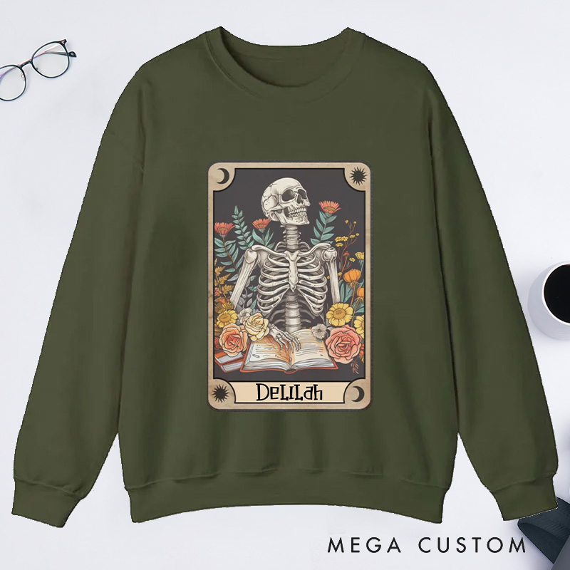 Personalized The Reader Tarot Card Classic Sweatshirts Skeleton Reading Sweatshirt with Name Book Lover Gift Librarian Gift