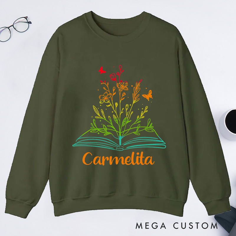 Personalized Book Flower Classic Sweatshirts Library Sweatshirt Bookish Sweatshirt with Name Book Lover Gift Librarian Gift Reading Gift