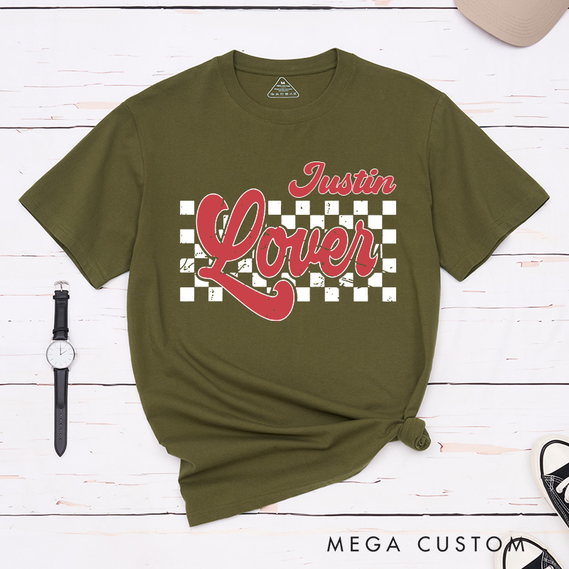 Personalized Retro Couple Lover Checkered Matching T-Shirt Valentine's Day T-Shirt for Husband Wife Boyfriend Girlfriend Gift for Hubby and Wifey