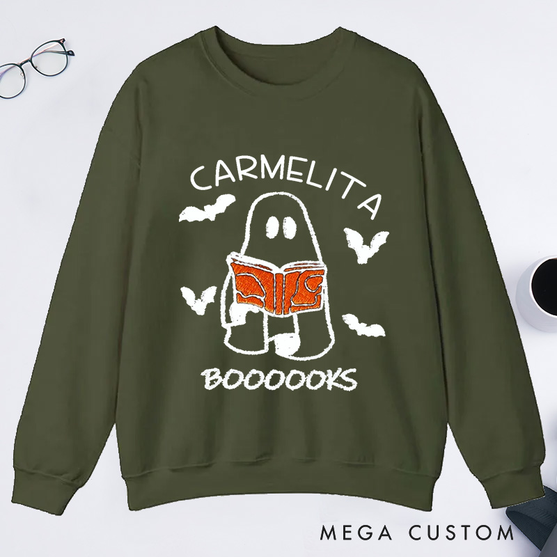 Personalized Booooks Classic Sweatshirts Custom Halloween Sweatshirt with Name Ghost Reading Halloween Gift Book Lovers Gift Librarian Gift
