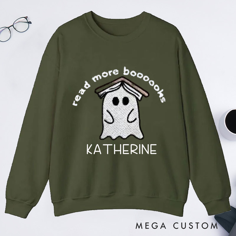 Personalized Ghost Book Classic Sweatshirts Fall Spooky Season Sweatshirt Reading Ghost Sweatshirt Book Lovers Gift Halloween Gift