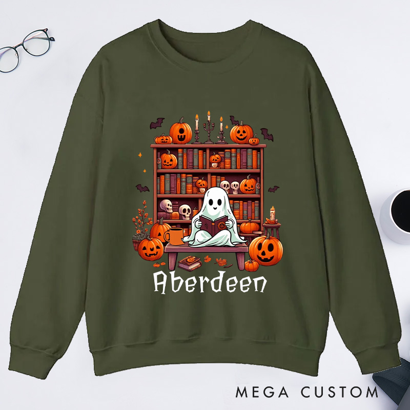 Personalized Ghost Book Reader Classic Sweatshirts Halloween Sweatshirt Bookish Sweatshirt with Name Book Lover Gift Librarian Gift Halloween Gift