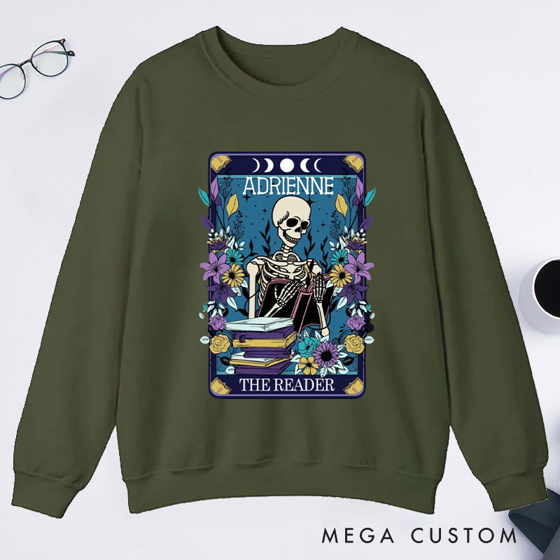 Personalized The Reader Classic Sweatshirts Skeleton Tarot Sweatshirt Bookish Sweatshirt with Name for Book Lover Gift Librarian Gift