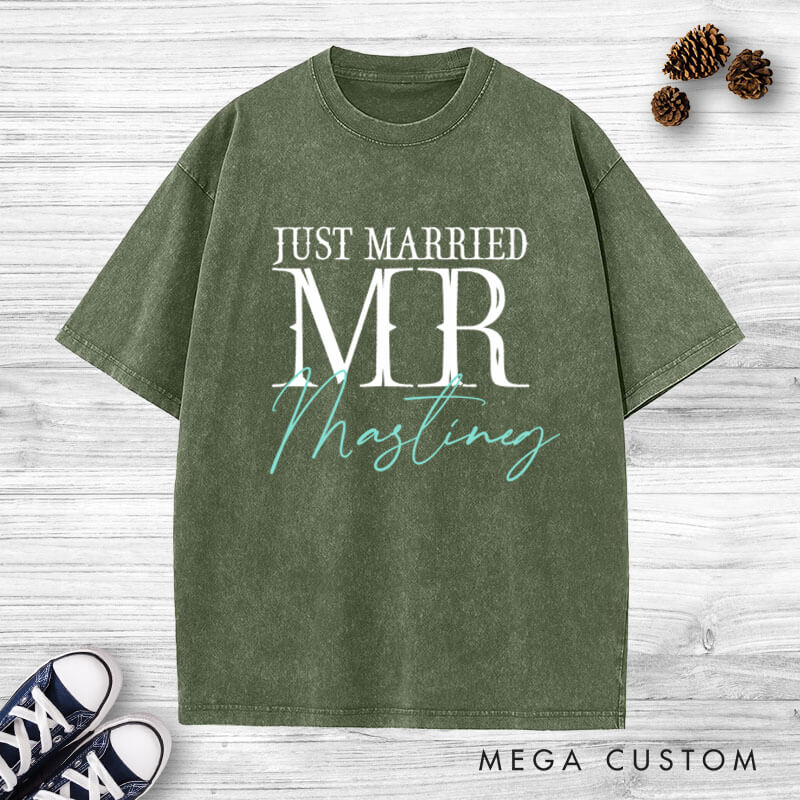 Personalized Modern Just Married Mr and Mrs Matching Wedding Couple Washed T-Shirt