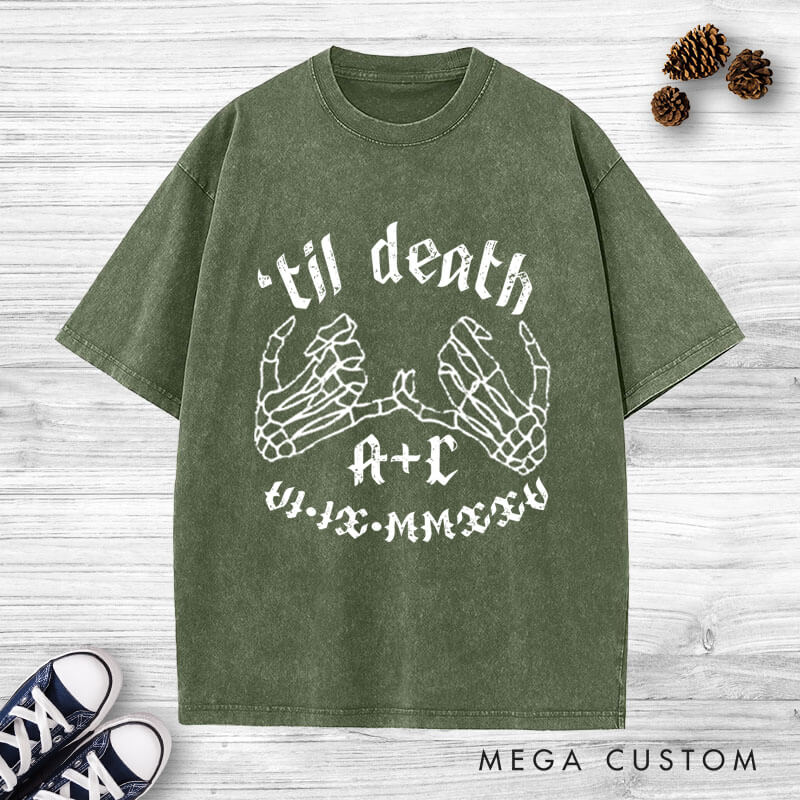 Personalized 'Til Death Skeleton Finger Hooks with Initials and Dates Matching Wedding Couple Washed T-Shirt