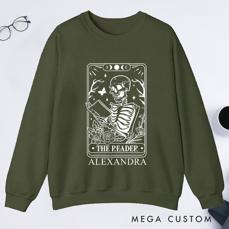Personalized The Reader Tarot Card Classic Sweatshirts Skeleton Sweatshirt Bookish Sweatshirt with Name Book Lover Gift Librarian Gift Reader Gift