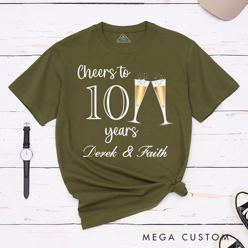 Personalized Couple 10th Anniversary T-Shirt Cheers to 10 Years T-Shirt Anniversary Gift Champagne Tees for Wife Husband Couple Gift