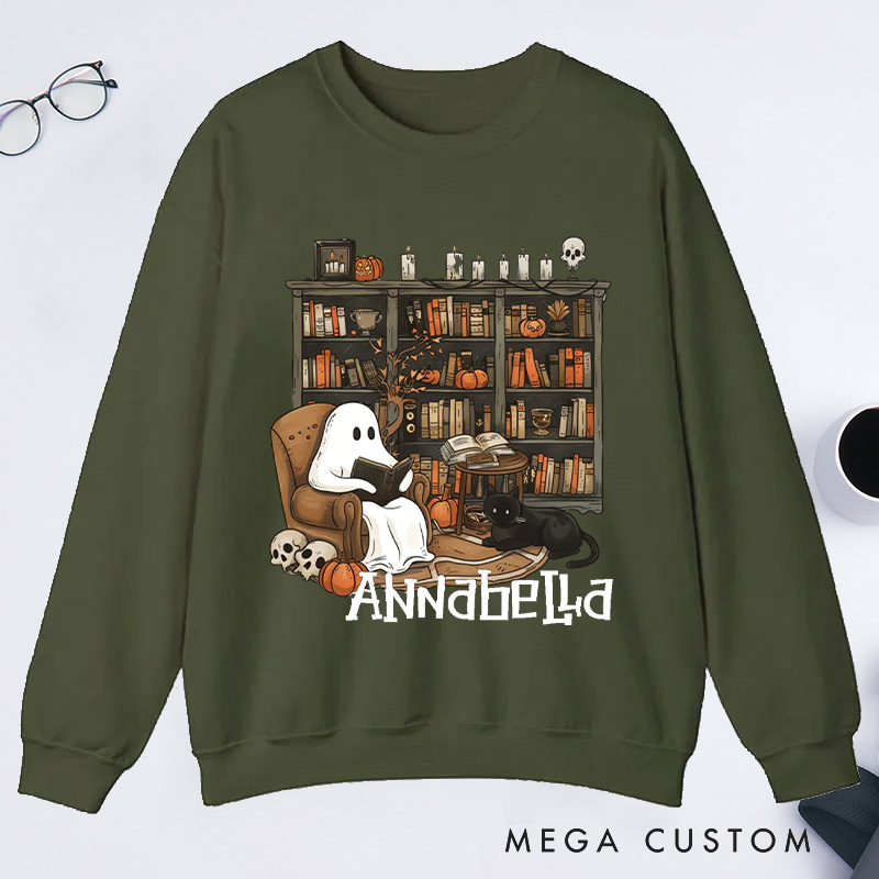Personalized Retro Ghost Reading Books Classic Sweatshirts Book Lover Sweatshirt Halloween Sweatshirt Reading Gift Librarian Gift Book Lover Gift