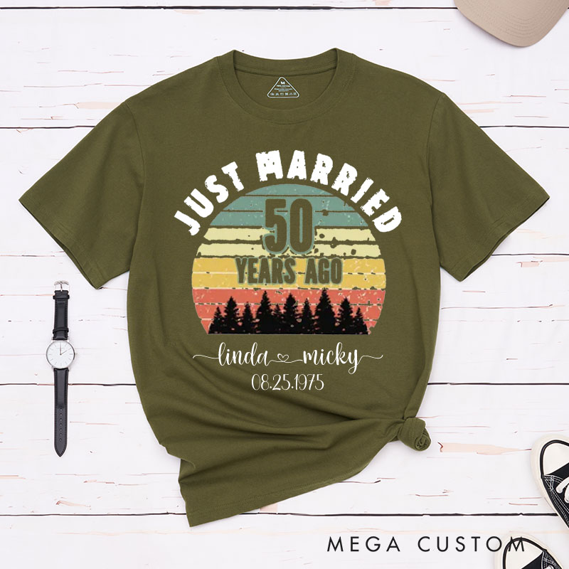 Personalized Couple 50th Anniversary T-Shirt Just Married 50 Years Ago T-Shirt Anniversary Golden Wedding Sunset Tees for Wife Husband